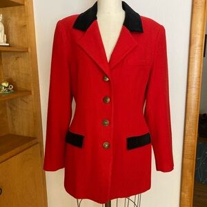 Cambridge Dry Goods Red Christmas Blazer with Black Velvet Trim